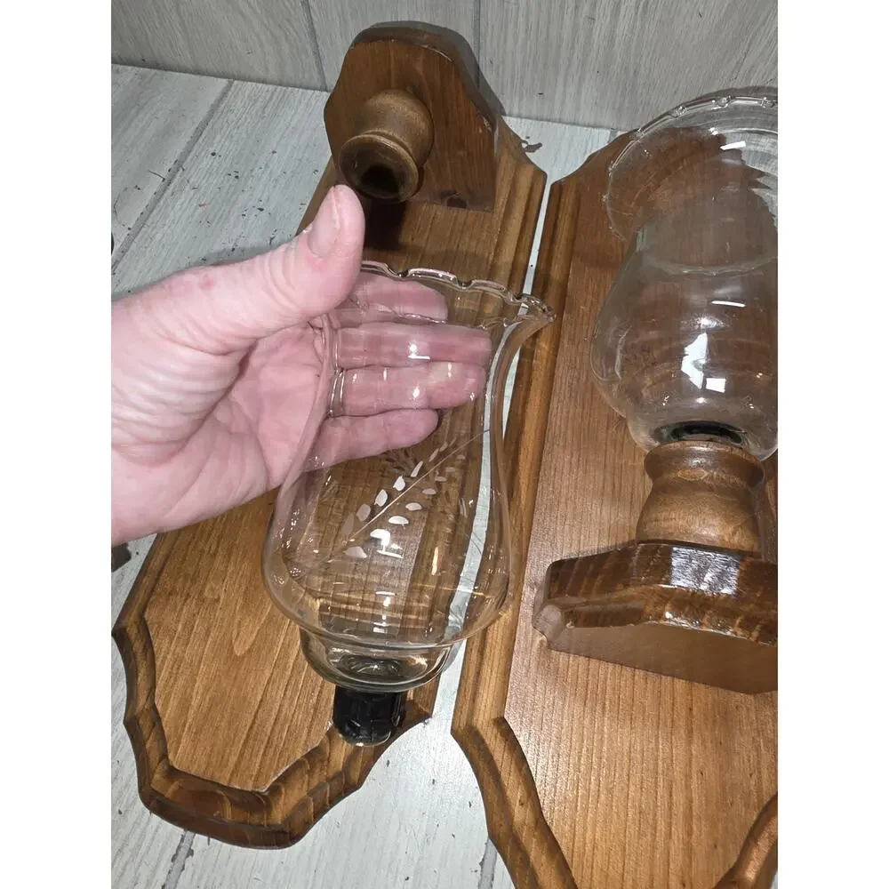 Vtg Wooden Wall Sconce Clear Floral Glass Votive Candle Holder Cabin Decor